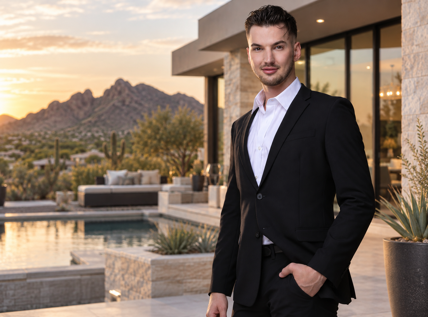 Nolan Nuzum, Realtor with HomeSmart, at a Scottsdale-area luxury home at sunset